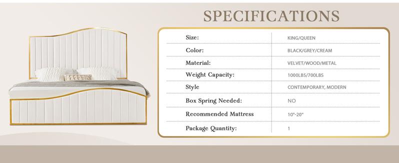 AMERLIFE 61.4 Tall Harp Bed Frame, Modern Velvet Upholstered Bed with Vertical Channel Gold Trim Headboard and Footboard/Comfortable&Sturdy/ Luxury Furniture Design/Queen/King Size/Best Gift Ideas/Christmas Gifts