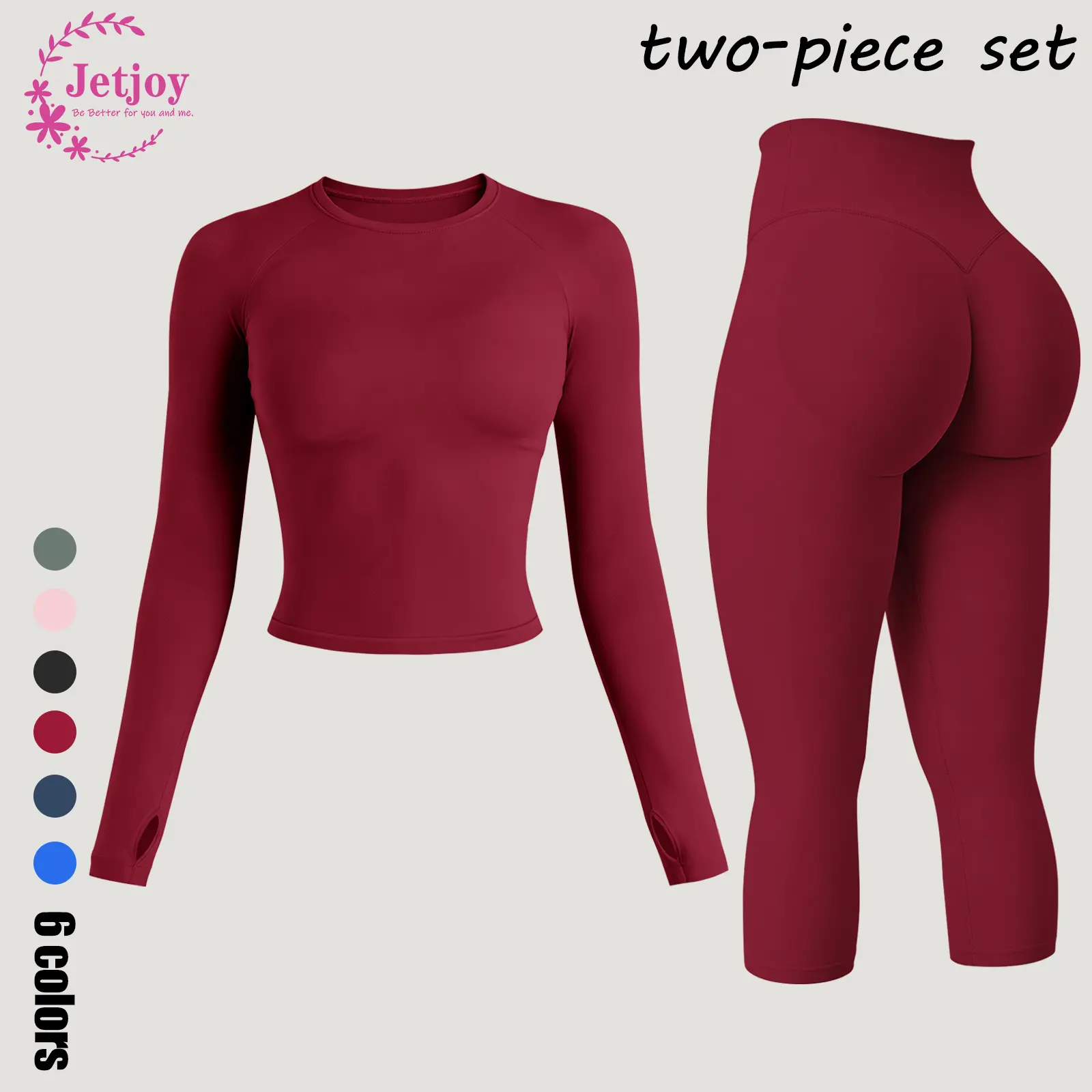 Jetjoy Women's 2-Piece All Seasons Sports Clothing Set - Long Sleeve T-Shirt Top, Hidden Scrunch Butt Lifting Seamless Capri Leggings Pants for Gym, Yoga, 2 Piece Sets, Women's Clothes