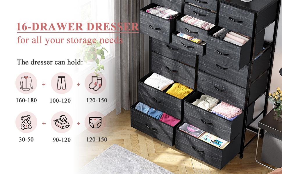 Raybee Furniture 16 Drawer Dresser for Bedroom, Large & Medium Drawers, Rustic Brown Wooden Top, Waterproof Fabric Storage Organizer