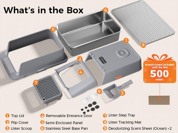 COMHOMA Stainless Steel Cat Litter Box | Extra Large 100L Enclosed Litter Box with Smart Odor Control, Auto Pause Sensor, 180° Flip Lid for Easy Cleaning, Anti-Leak High Walls, Step Mat & Scoop | Ideal for Multiple Cats