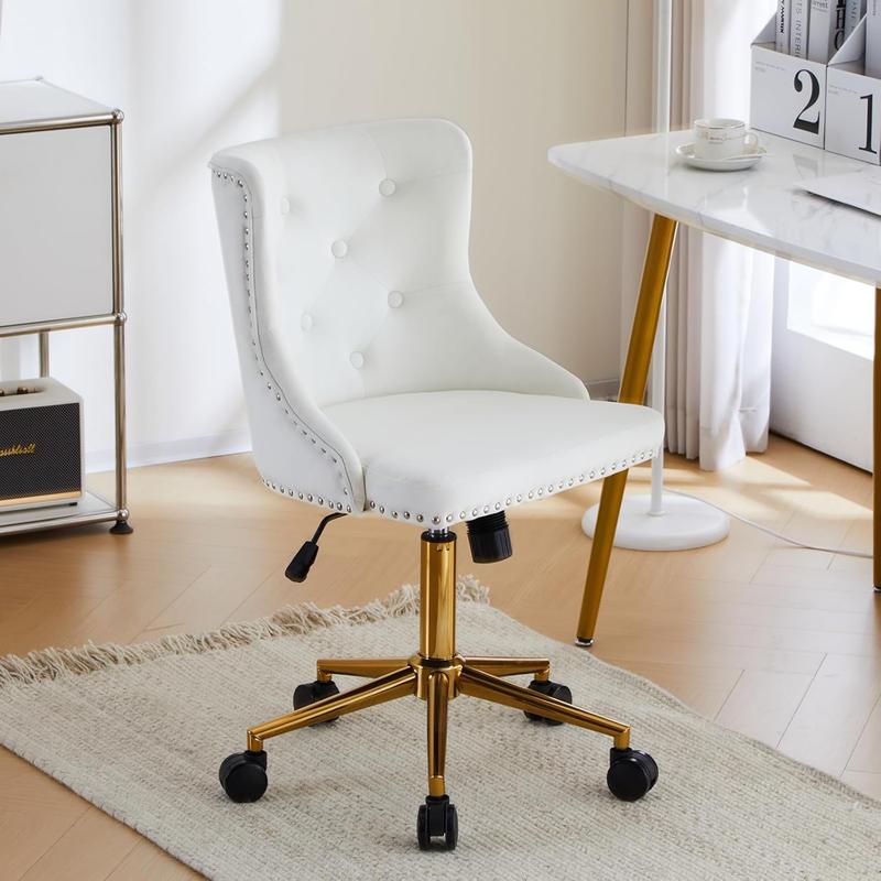 VINGLI Armless Home Office Desk Chair with Gold Base/Wheels, Small Cute Vanity/Makeup Chair with Back for Bedroom, Upholstered Adjustable Rolling Swivel Nail Chair for Women/Girls