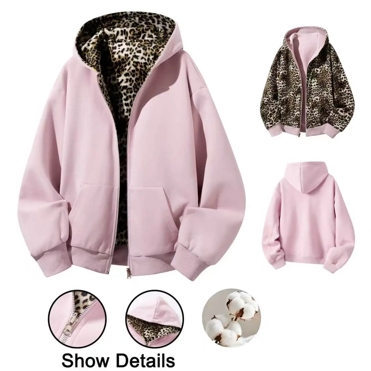 Men's autumn/winter leopard-print zip-up hooded sweatshirt with a reversible design, loose fit, casual outerwear