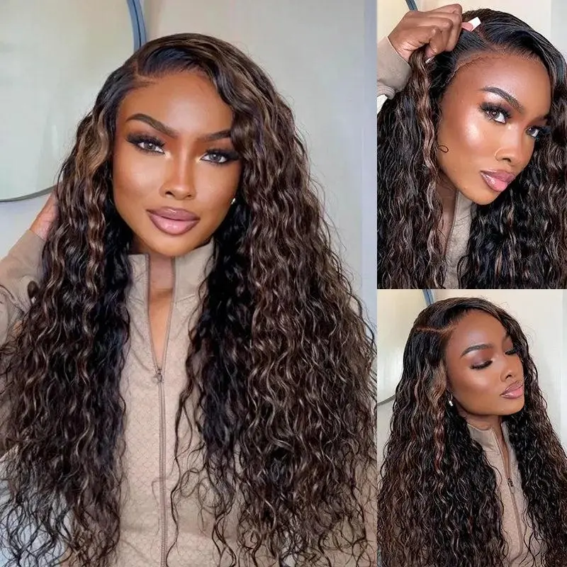 Water Wave 360 Lace Frontal Wig with Invisi Strap Brown Balayage Highlight Adjustable Fit Pre-Bleached and Pre-Cut Skin Lace