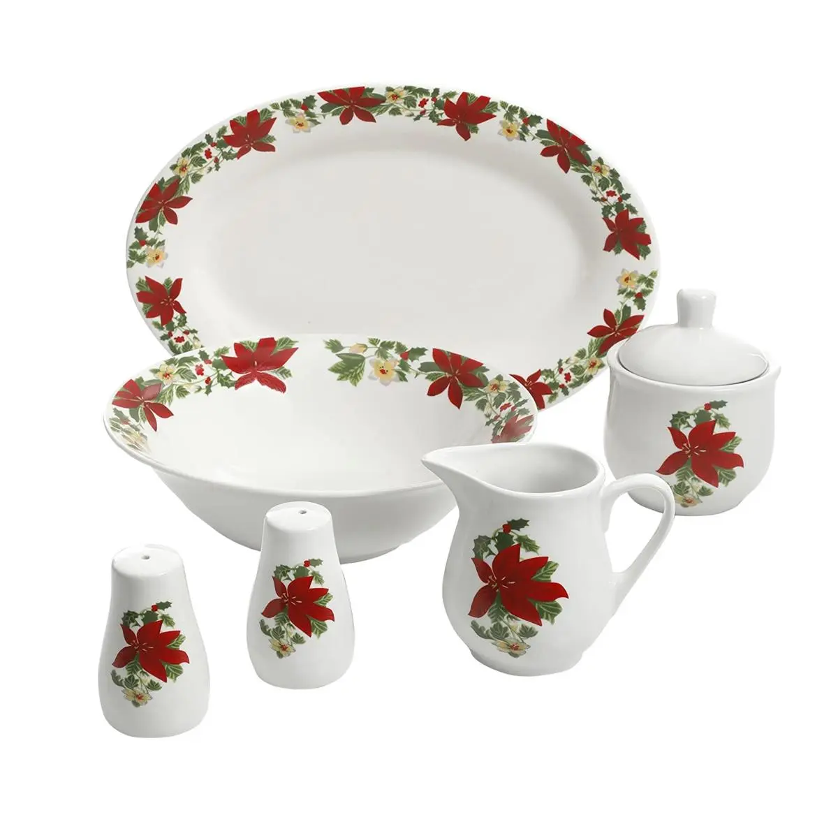 Gibson 7-Piece Poinsettia Leaves Porcelain Christmas Tableware Serving Set, Red Holiday Cheer Plates & Bowls, Dishwasher Safe for Camping & Hiking Camp Kitchen Use, Microwave-Safe, Outdoor, Seven Pieces