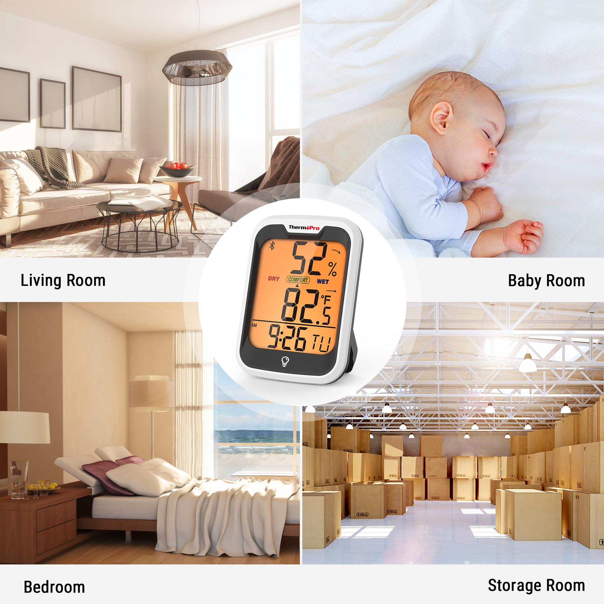 [Specialty Gadgets for home, skin care, fridge, etc] ThermoPro Bluetooth Hygrometer Thermometer, Guide for Temperature and Humidity, App Control to Monitor Skin Care Environment, with Built-in Clock,  Backlit, 260Ft  Range with Data Storage Export