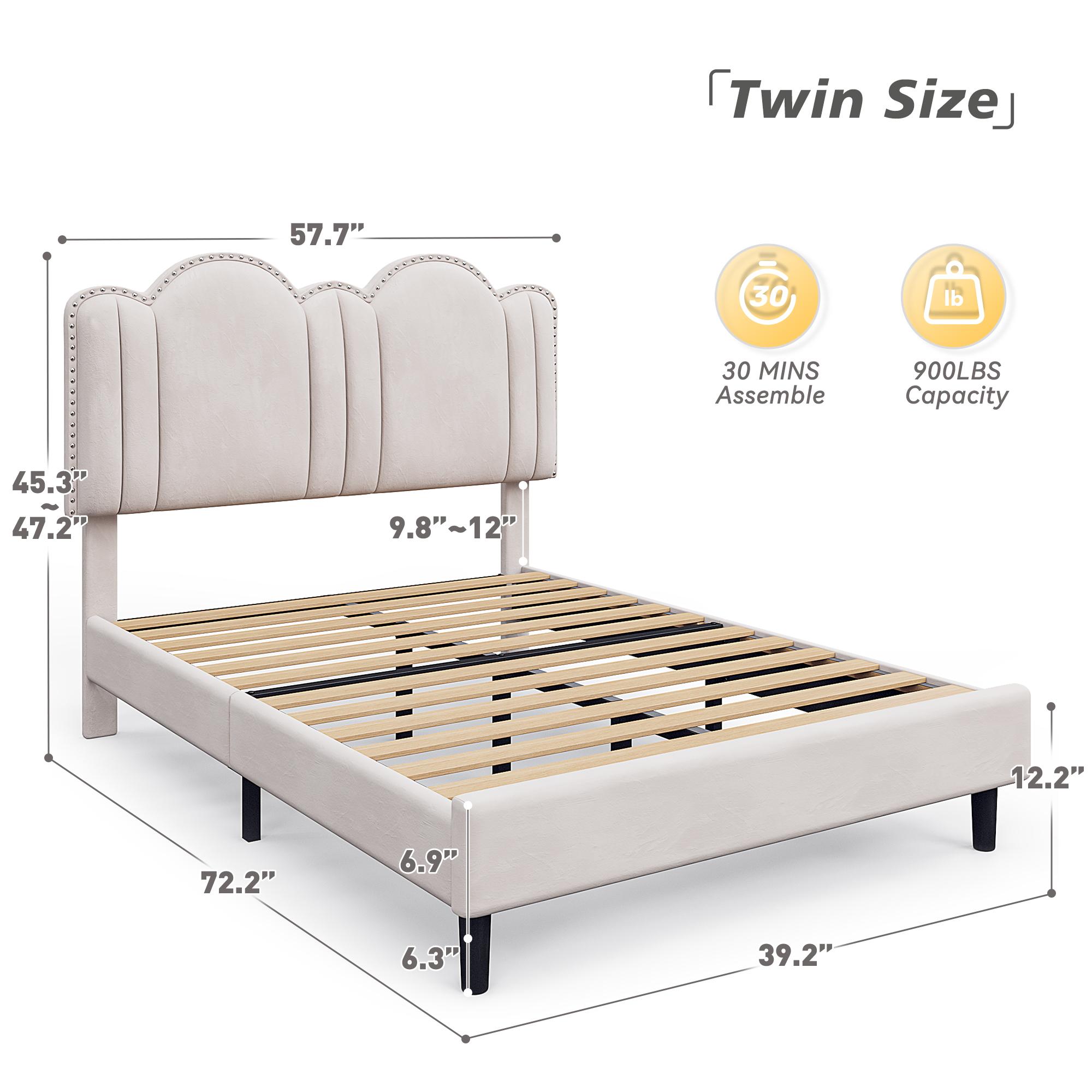 Raybee Furniture Pricess Bed Frame with Led Light, Elegant bed Frame with Headboard Adjustable, Upholstered Bed Frame, No Box Spring Needed