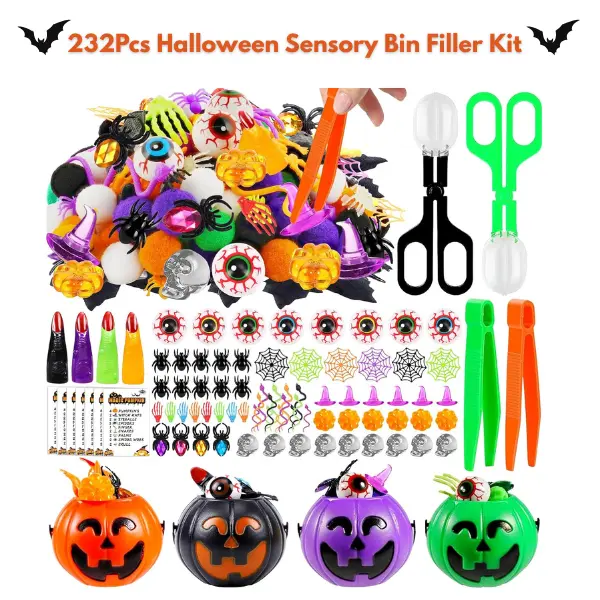 232Pcs Halloween Sensory Bin Filler Kit, Fine Motor Skills Toys, Preschool Learning Activities, Counting & Sorting Manipulatives, Classroom Supplies, Homeschool Educational Toys for Kids