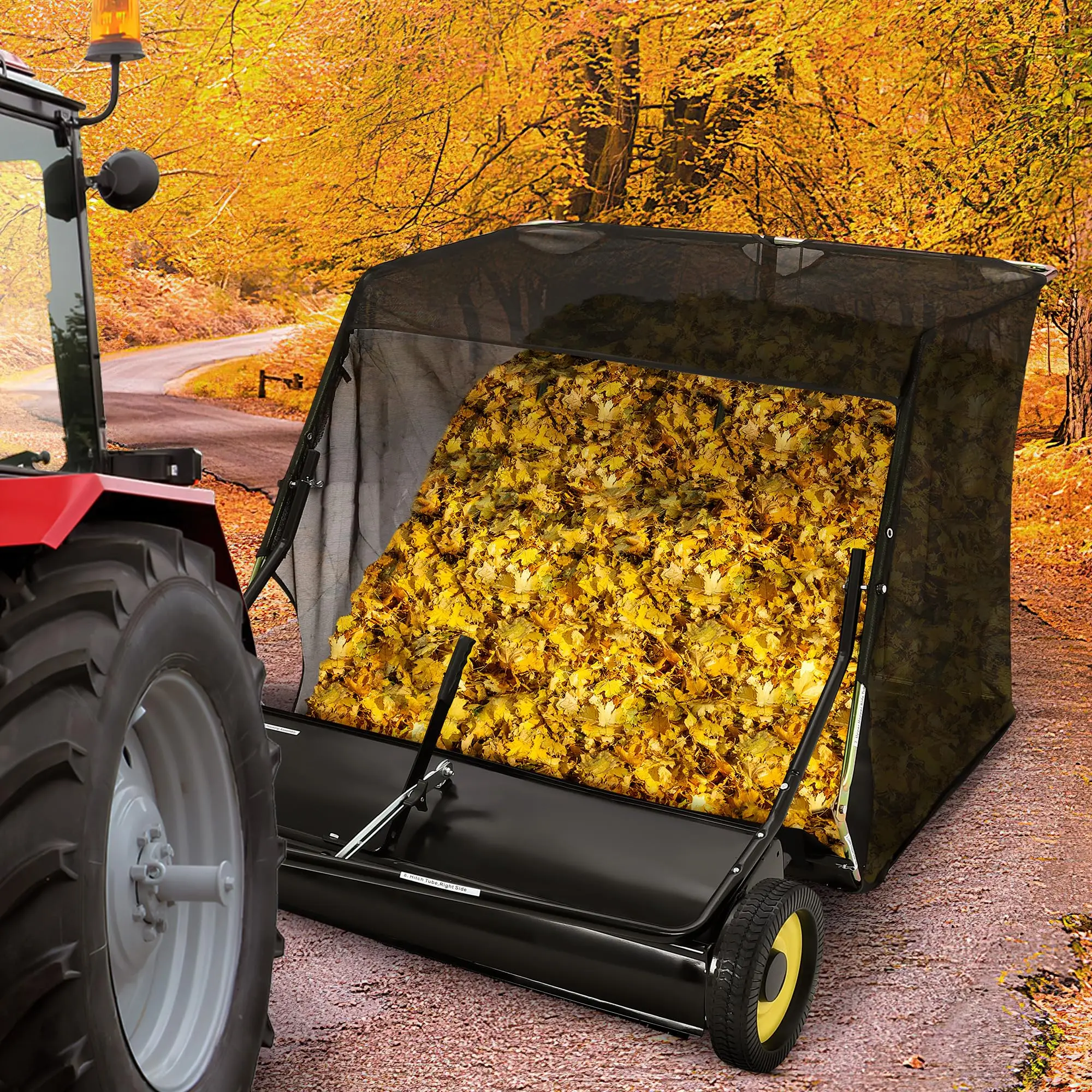 Garvee 52" Tow Behind Lawn Sweeper with 27 cu. ft Large Capacity, Adjustable Sweeping Height, and Dumping Rope Design for Efficient Leaf and Grass Debris Collection