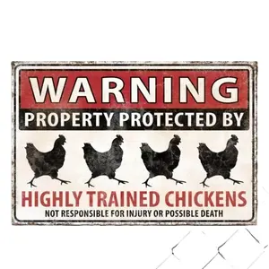 1pc Vintage Art Deco Metal Tin Sign - "Highly Trained Chickens" Humorous Warning Wall Decor for Poultry Farms, Outdoor Chicken Coops & Holiday Themes (Halloween, Easter, Thanksgivi