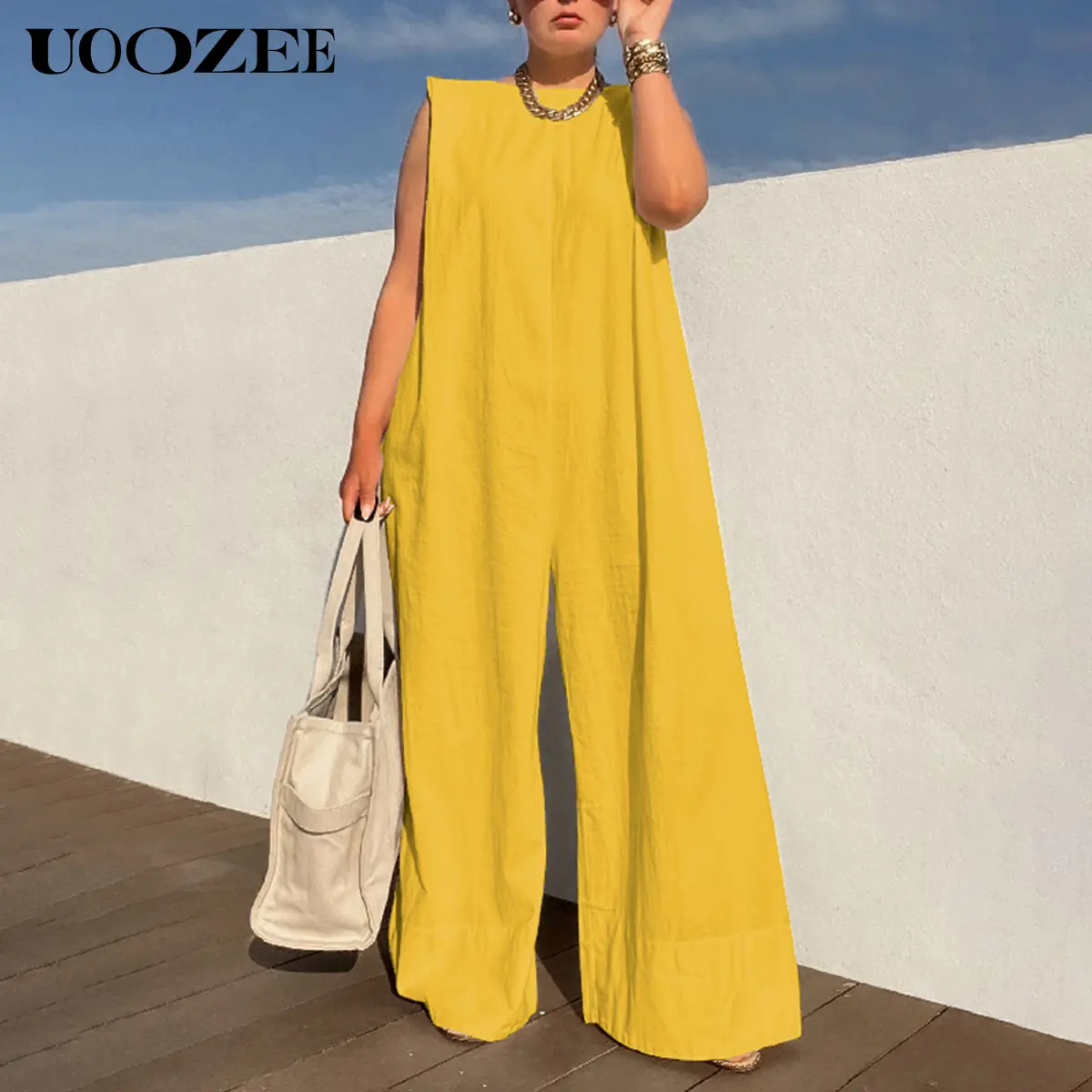 UOOZEE Women's Casual Solid Cotton Jumpsuit, Sleeveless Loose Fit with Round Neck and Wide Legs for Summer, Lady, Casual Jumpsuits, Jumpsuits For Women