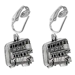 Silver London Bus Clip On Dangling Earrings