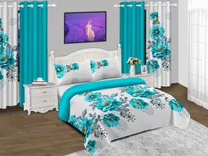 6-Piece Blue Rose Curtain Set with Sheers – 2 Floral Print + 2 Solid Blue + 2 Sheer Panels, Rod Pocket Light Filtering Bedroom Living Room Decor, 38"x84" Floral / 55"x84" Sheer