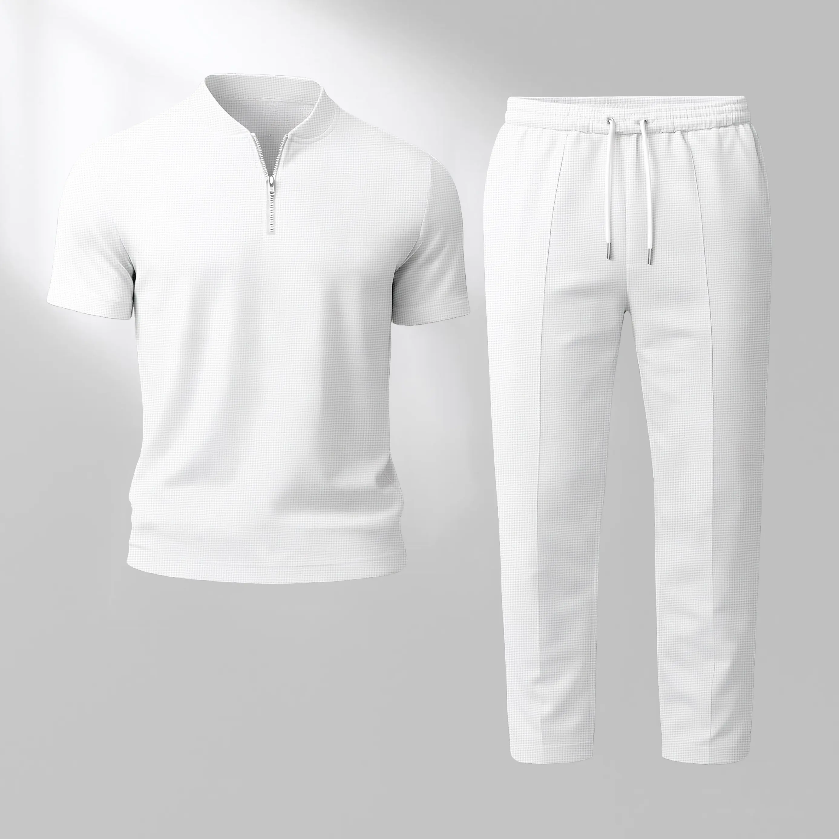 Men’s Print Zip Henley Collar Short Sleeve and Long Pants Two Piece Set Made with Waffle Knit Fabric Breathable Soft Texture Loose Fit for Casual Everyday Wear