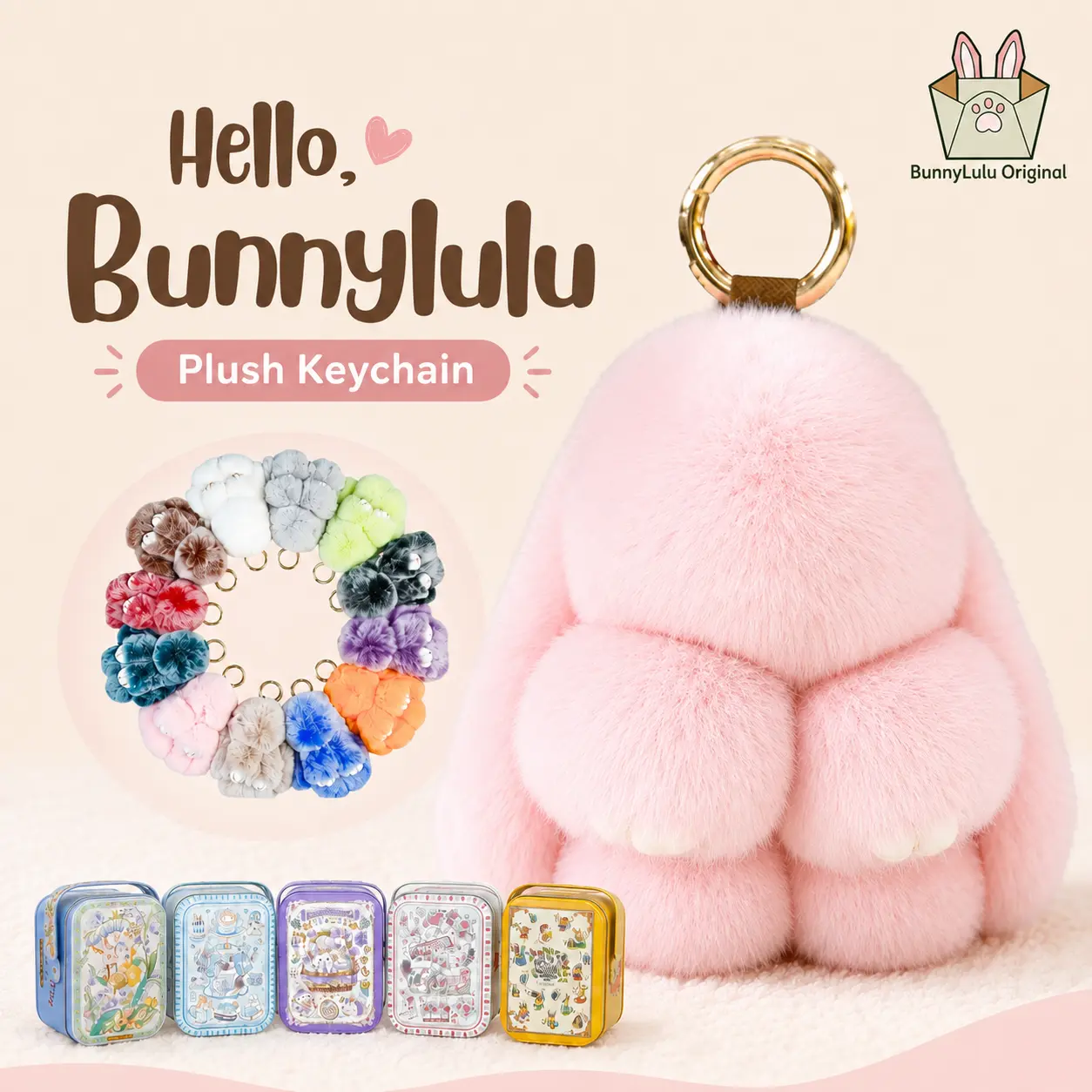 【BunnyLulu】Handmade Floppy Bunny PomPom Keychain - 5.8 in Plush Bag Charm, Aesthetic School Backpack Cute Accessories, Fluffy Stress Relief Companion with Gift Tin Box, Unique Cute Girly Gifts for Students