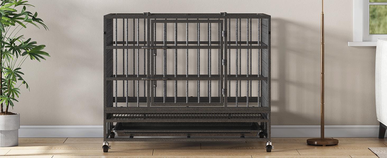 Collared Eagle Heavy-Duty Dog Cage 38" x 48", Reinforced Bottom Panel, Supports up to 200 lbs, Double Door Design, Wheels, Indoor Kennel for Large Breeds, Top-Loading Portable Enclosed Enclosure