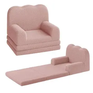 Kids Couch, 2-in-1 Convertible Teddy Fleece Fabric Toddler Sofa Chair, Soft Fold Out Couch Lounger for Kids, Comfy Children's Sofa Bed for Playroom, Nursery, Birthday Gift, Pink