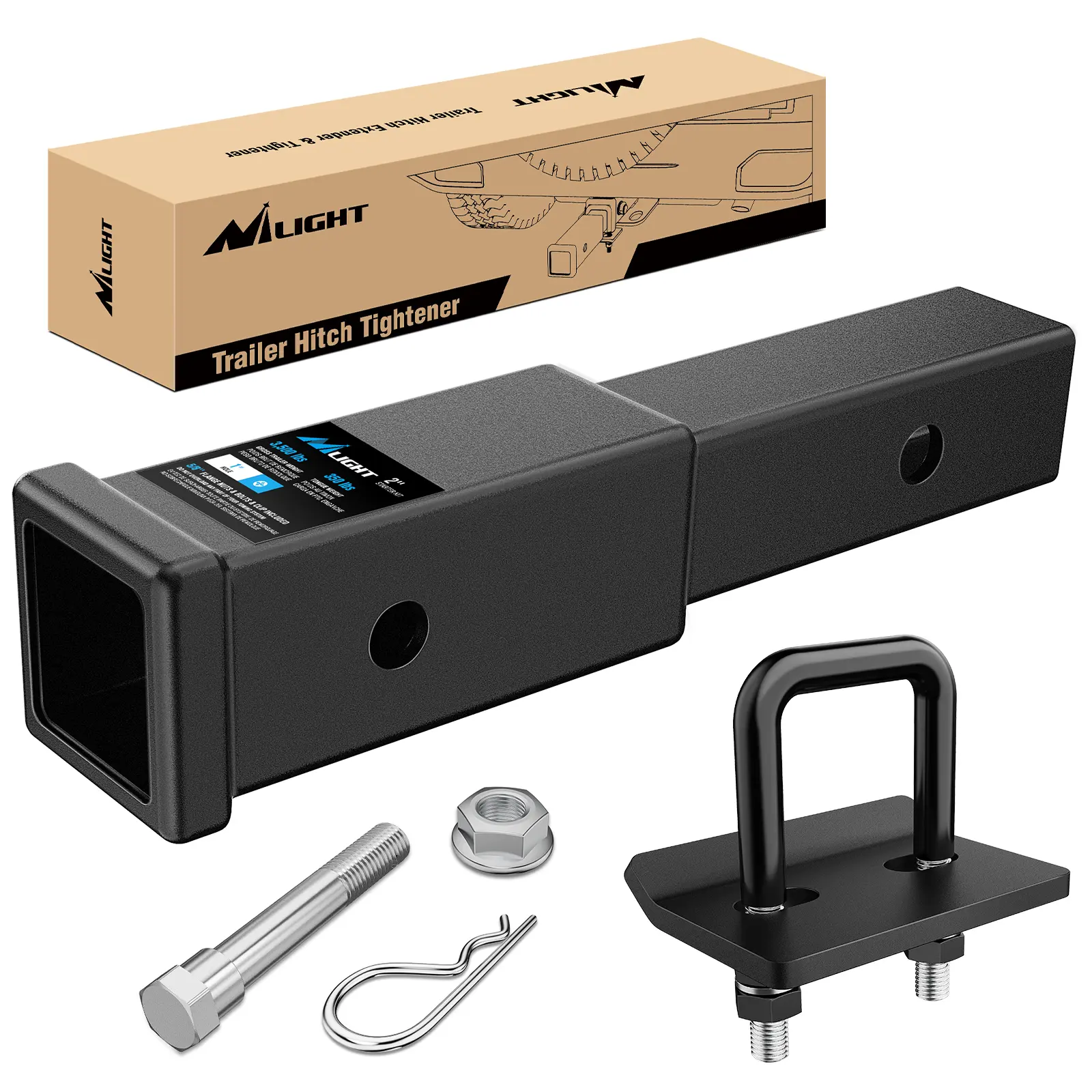 Nilight 7-In Anti-Rattle Stainless Steel Trailer Hitch Extender, 2-In Class III/IV Hitch Receiver Fit, 5/8-In Bolt Nut Clip, 3500 lbs GTW, Matte Black Electrophoresis UV-Protected, Easy-Install Outdoor Upgrade