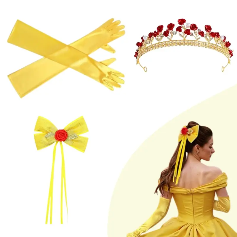 Women's Elegant Rose Polyester 3-Piece Princess Costume Accessory Set - 1 Rose Crown, Long Gloves, Bow, Rhinestones, Handmade Roses, Pearls, Sewing & Haberdashery Supplies for Birthday Dress-Up, Makeup Parties, Halloween