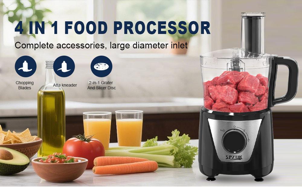 SPZTUK 4-in-1 Smart Food Processor & Vegetable Chopper Multi-Functional for Cheese Grating Ice Crushing Chopping Shredding Slicing Mixing & Doughing Compact Design User-friendly