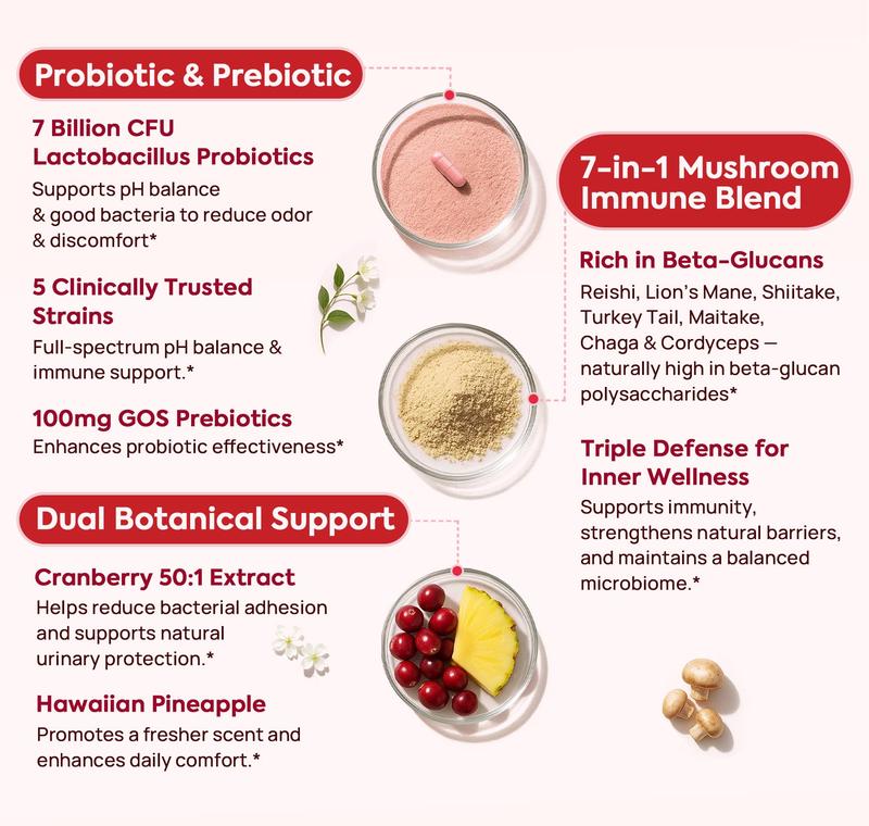 HerAuré Women’s Probiotics - pH Balance, Odor Control, Flora Health, Moistening, Tightening - With 7 Billion CFU Probiotic, Prebiotic, 7-in-1 Mushroom Blend, Cranberry, Pineapple - 60 Capsules (Pack of 1), Self-Care Gift，Black Friday