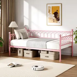 Twin Size Daybed, Sofa Bed Frame with Metal Steel Slat Support, Heavy Duty Metal Bed Frame, Space Saving, Easy Assembly, for Small Spaces, Living Room, Bedroom, Apartment, Pink