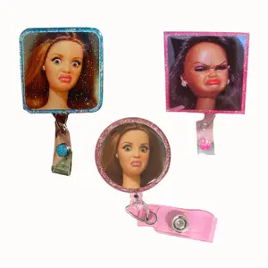 3 Ops Funny Cringe Doll WTF Badge Reel, Funny Nurse Gift, Disgusted Doll Face Work ID Clip