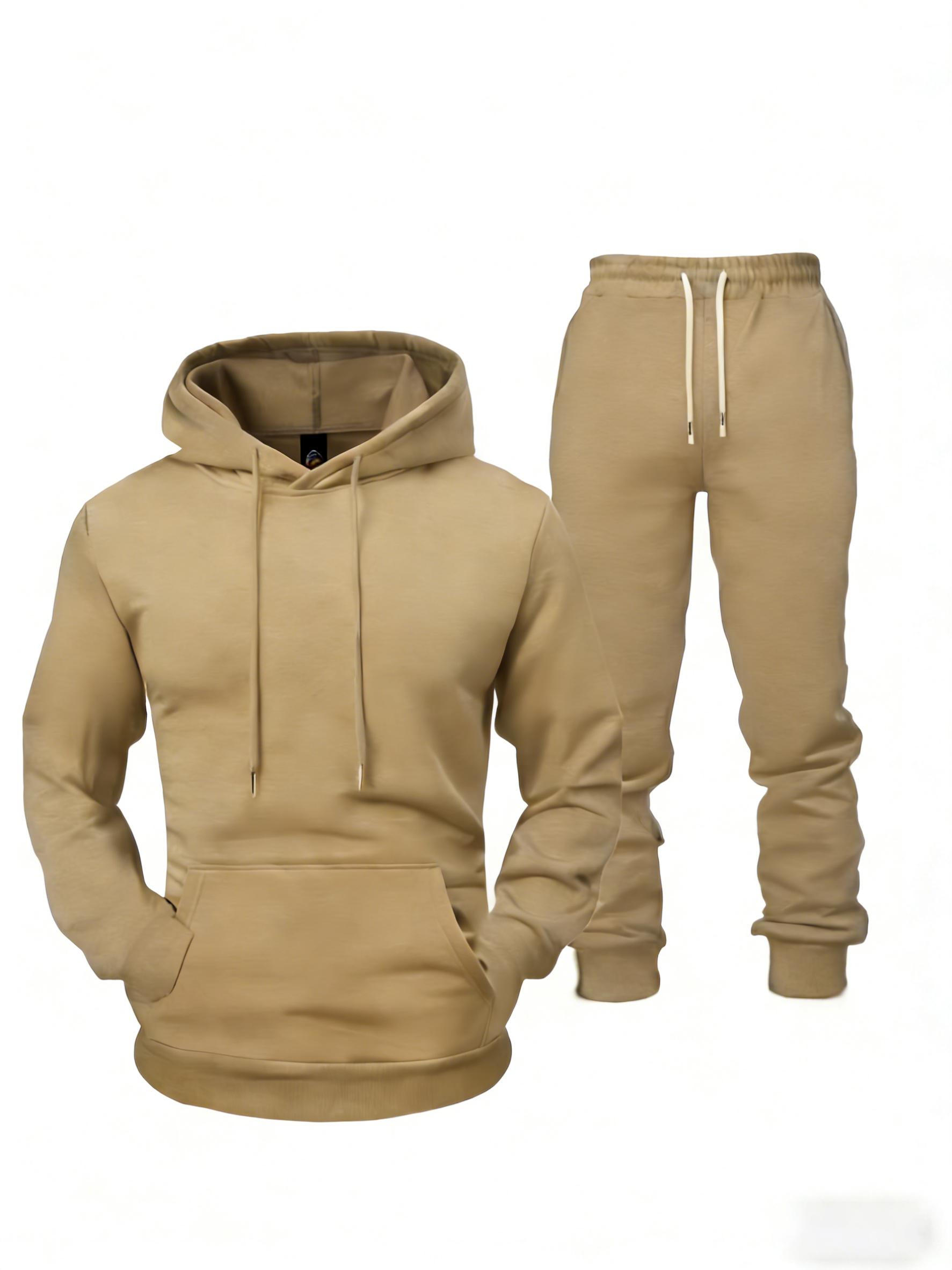 2026 Spring/Autumn New Men's Casual Sportswear Two-Piece Set - Solid Color Hooded Sweatshirt + Cuffed Sweatpants Set with Regular Fit Drawstring Design, Suitable for Daily Street Wear and Home Leisure Activities