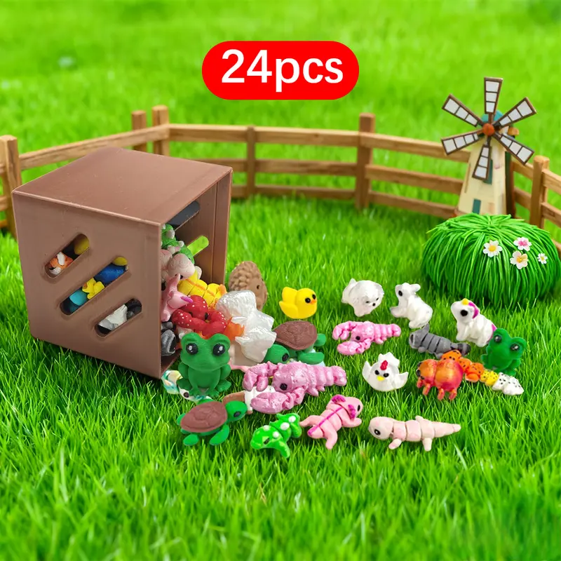 24pcs Mini Animals Articulated Toy Set, Flexible Fidget 3D Printed Animal Figurines, Durable ABS Material, for Ages 3-6