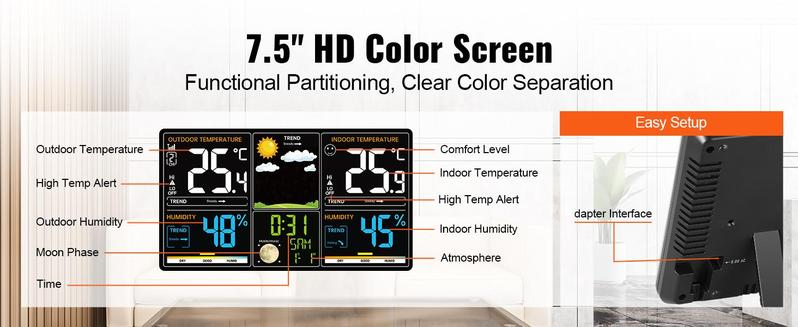 VEVOR Weather Station Indoor Outdoor, Various specifications, 7.5 in Large Color Display, Wireless Digital Home Weather Station, with Sensor Atomic Clock Adjustable Backlight Forecast Data Calendar Alarm Alert Temperature