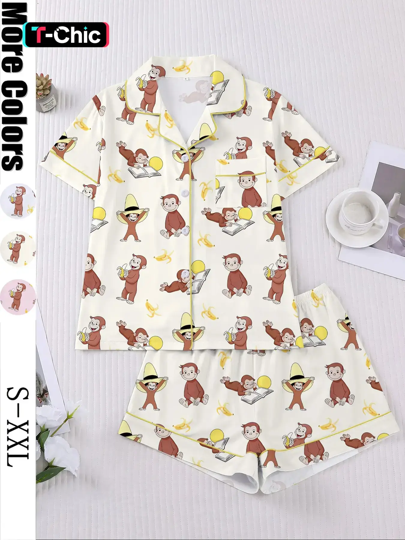 Women's Monkey Banana Print Sleepwear Set, Loungewear, Comfortable Short Sleeve Button Shirt & Loose Elastic Shorts, Fashion Casual Home Wear, Pajama Set, Matching Pj Set, Sleepwear Pajamas Set, Lounge Pjs Set