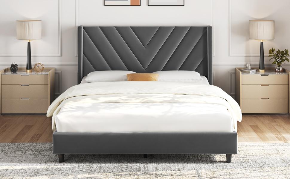 Yaheetech Upholstered Bed Frame Full/Queen with Wooden Slat Support, No Box Spring Needed, Durable Construction, Easy Assembly Diamond Tufted Headboard