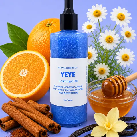 Yeye Moisturizing Body Shimmer Oil with Cinnamon, Orange, Chamomile, Vanilla, Honey for Radiant Skin by Karafa Essentials