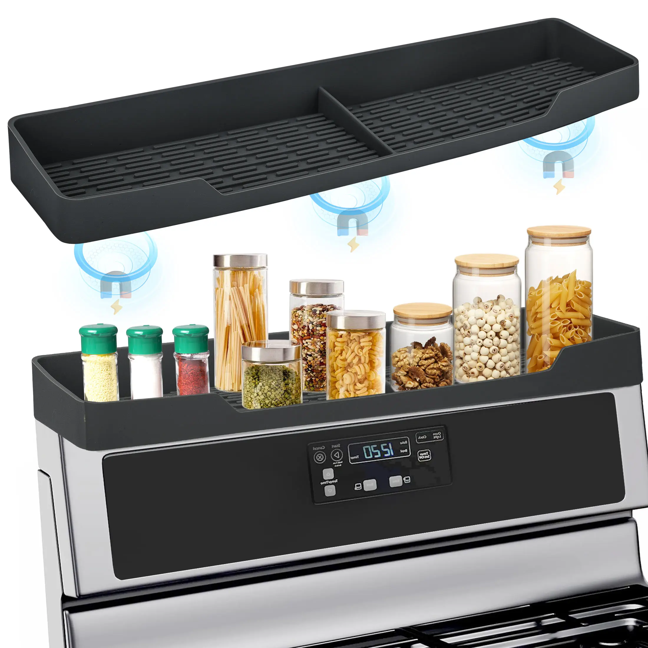 15 inch Magnetic Stove Shelf - Silicone Spice Storage Rack,Gas Stove Top Storage Shelf,Kitchen Organizer,Multifunctional Countertop Rack,Saving space
