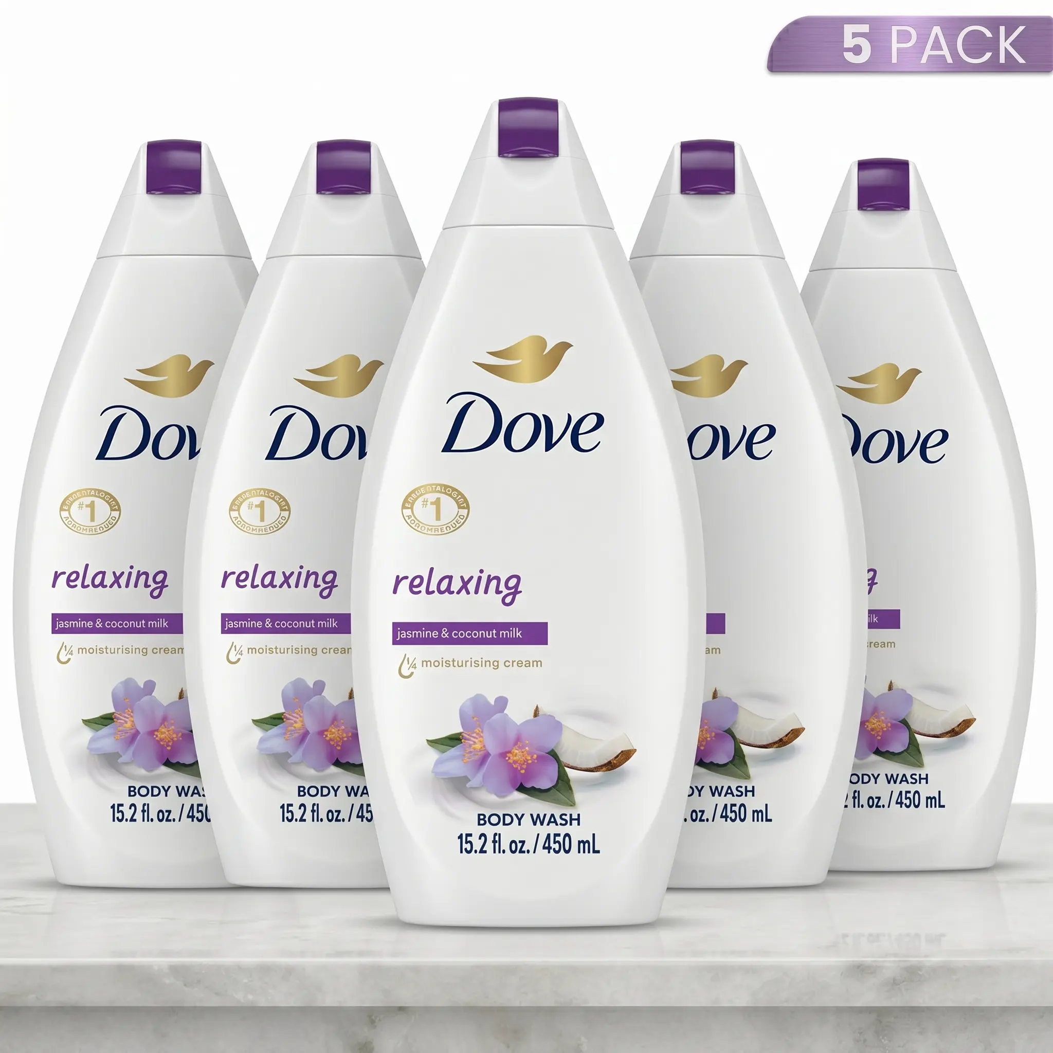 Dove Hydrating Cleansing Body Wash 5-Pack (15.2oz/450ml) - Relaxing Jasmine Coconut Scent, 1/4 Moisturizer Cream, Plant-Based Formula, Gentle No Drying, Cream Lather, Hydrate As You Wash, Soft After Rinse, Unisex Daily Body Care Liquid Cleanser