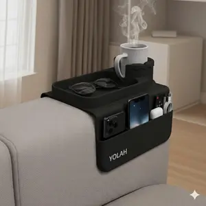 YOLAH Silicone Couch Cup Holder Tray for Sofa Armrest, Anti-Slip Heat-Resistant Armrest Organizer with Cup Holder and Storage Sections for Drinks, Phone, Remote Control and Snacks (Black)