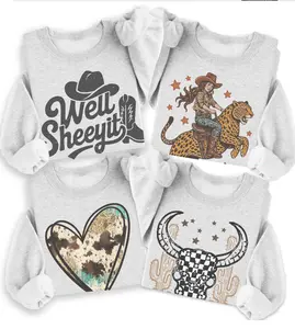 Vintage Western Sweatshirt Retro Western Pullover Cowgirl Cowhide Graphic Sweater Cow Bull Steer Skull Top Unisex Casual Crewneck Cowboy Boots Sweatshirt