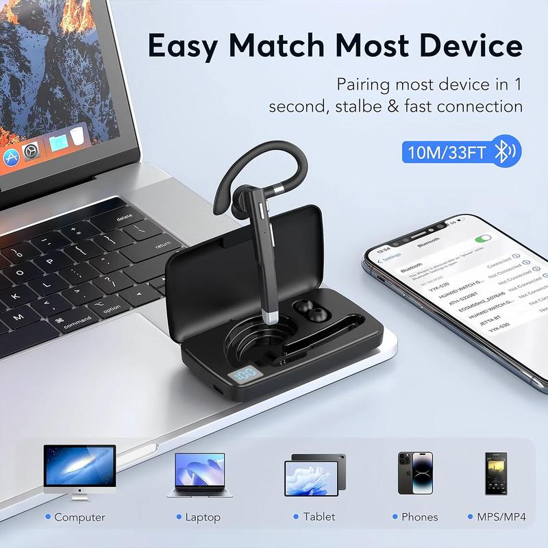 PUKEGM Bluetooth Trucker Headset, Wireless Bluetooth Earpiece for Cellphone with 500mah Charging Case 80h Playtime V5.2 Dual Mic Noise Cancelling Hands-Free Earphones for Office Driver Audio Headphones