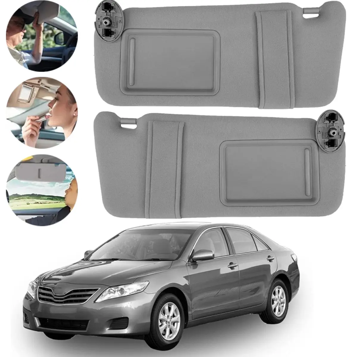 Gray Front Sun Visor Pair with Sun Protection for Toyota Camry 2007-2011, Left Driver & Right Passenger Side with Light, 74320-06800-B0/04002-30706-B0, Easy to Install