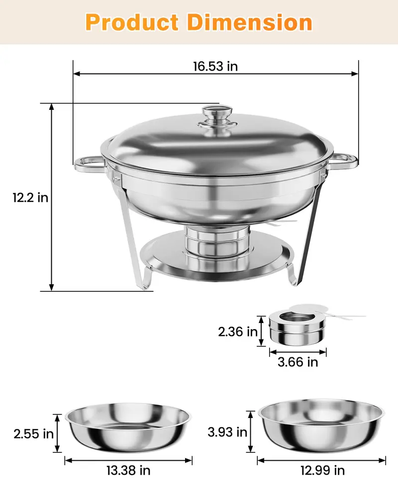 Garvee Round Professional Stainless Steel Chafing Dish 5QT Round Buffet Server & Warmer Rust Resistant Casserole Cooking Container 2 4 or 6 Pack Options