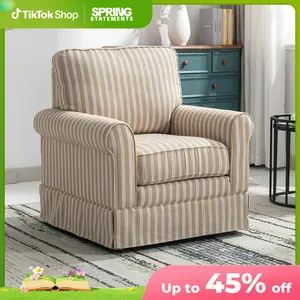 [SpringStatements] Hertford Swivel High Back  Linen Mid Century Modern Accent Chair – Wood Frame, Upholstered Seat with Waist Cushion – Elegant & Durable for Any Room，Fully Assembled, Brown Stripe