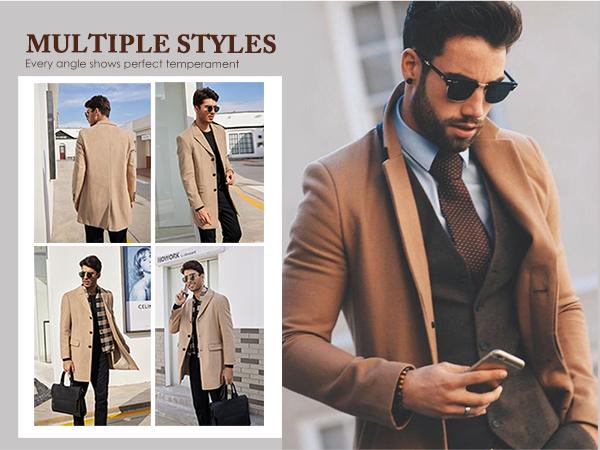COOFANDY B Men's Wool Blend Coat with Detachable Plaid Scarfs Notched Collar Single Breasted Pea Coat Trench Overcoat