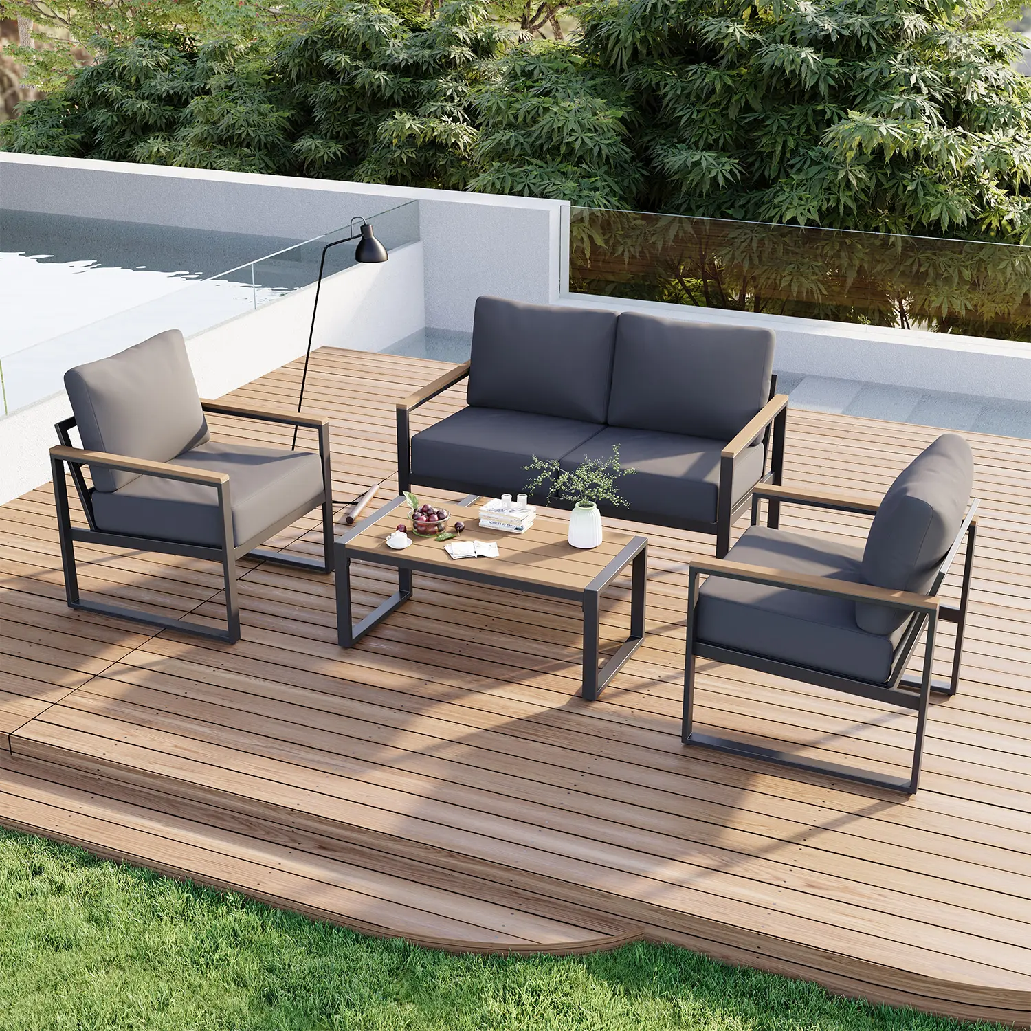 【2 Packages Shipping】Aoxun Patio Furniture Set, 4 Piece Outdoor Patio Furniture with Thick Cushions, Modern Metal Outdoor Conversation Sets with Coffee Table for Porch, Balcony,Beige/Drak grey, Garden Conversation Sets, Patio Sofa Set
