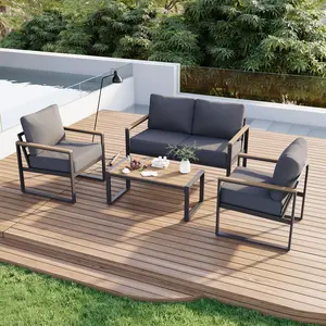 【2 Packages Shipping】Patio Furniture Set, 4 Piece Outdoor Patio Furniture with Thick Cushions, Modern Metal Outdoor Conversation Sets with Coffee Table for Porch, Balcony,Beige/Drak grey