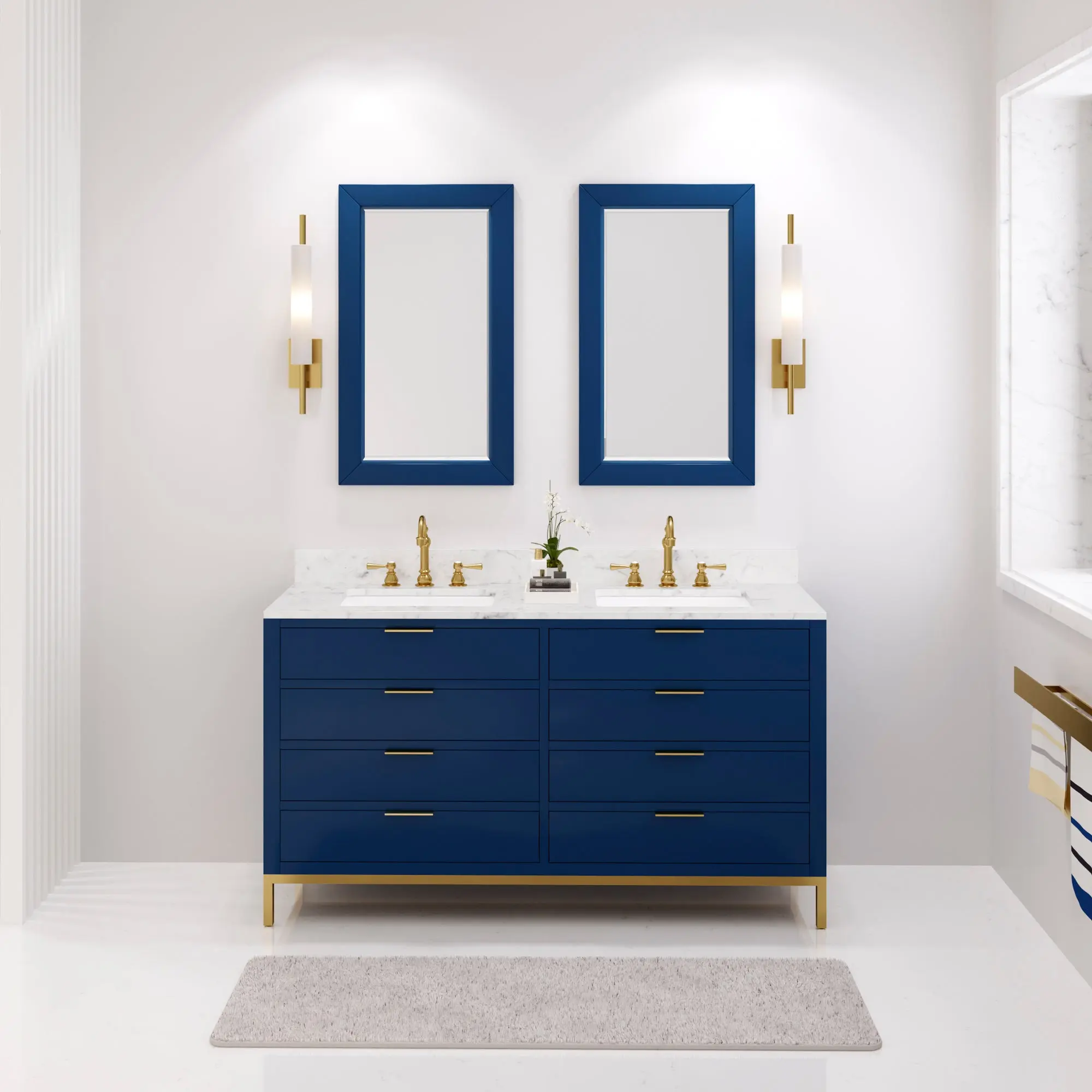 Water Creation Bristol 60" Double Sink Carrara White Marble Countertop Bath Vanity in Monarch Blue