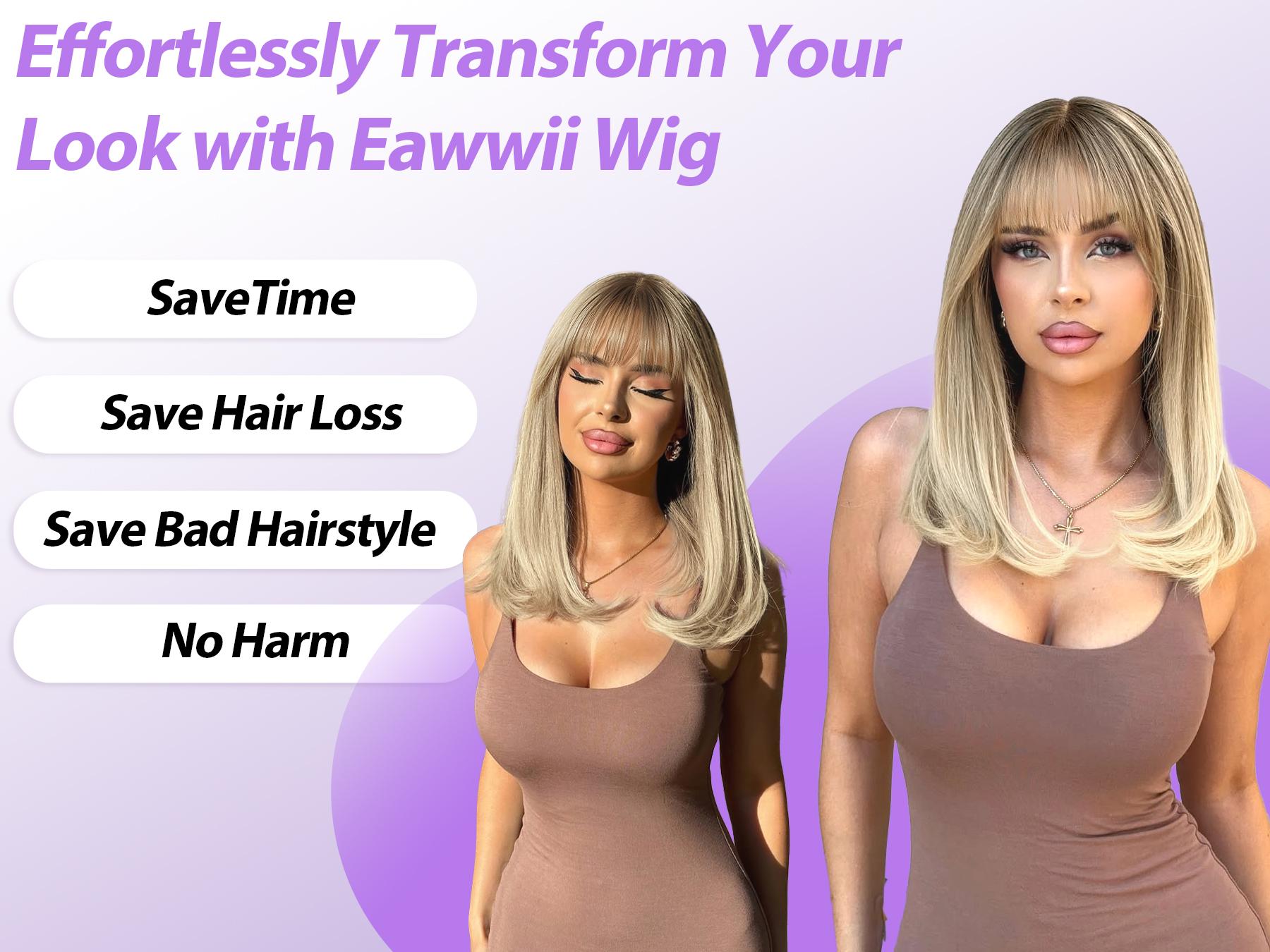 [AISI HAIR] Wig with Bangs for Women Brown Blonde Highlight Straight Face-Framing Layers Hairstyle 4x4 Realistic Scalp Glueless Synthetic Wigs Medium Length for Everyday Use 20 Inch