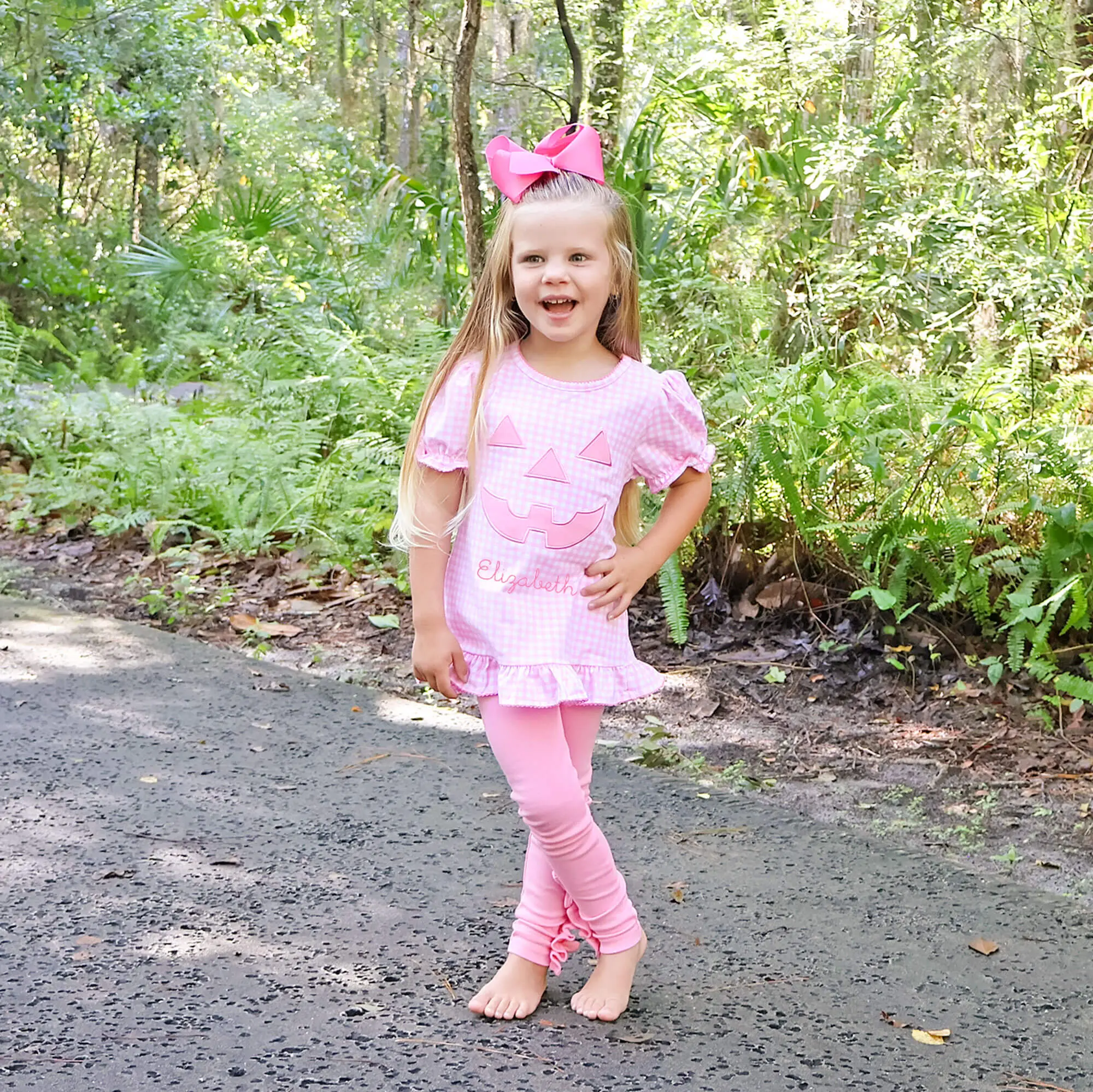 Jack O'Lantern Pink Gingham Milly Legging Set - Cute Knit 2Pc Halloween Outfit for Girls