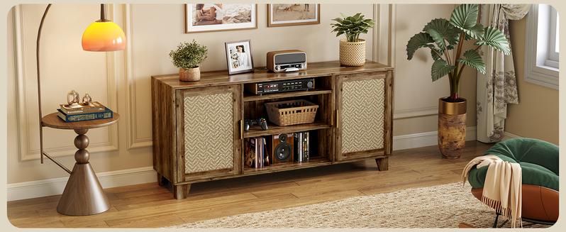 【Valentine's Day gift】ONBRILL TV Stand for 65 Inch TVs, Boho TV Consoles Cabinet with Power Outlet, Modern Entertainment Center for Living Room, Media Console with Doors and Shelves, 2 Cable Management Holes 【Valentine's Day gift】ONBRILL TV Stand for 65 Inch TVs, Boho TV Consoles Cabinet with Power Outlet, Modern Entertainment Center for Living Room, Media Console with Doors and Shelves, 2 Cable Management Holes