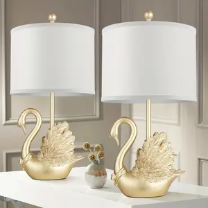 A Set Of 2 Pack, Gold Brass Swan Desk Lamp With LED Bulb, Modern Design Stylish Desk Lamp Suitable For Any Contemporary Bedroom Or Living Room Decoration, Suitable For Halloween And Christms