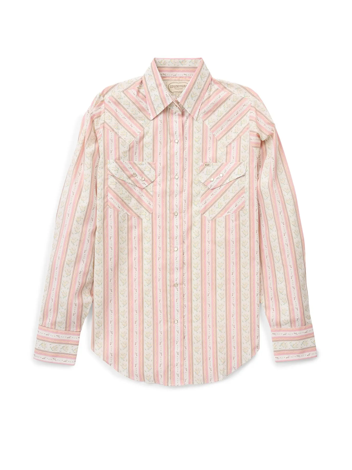 Women's Blossom Pink Cowboygirl Spurs Print Granddaddy Snap Shirt - Pocket Design, Light Fabric, Loose Fit, Stylish Sleeves
