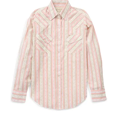Women's Original Blush Pink Vaquero Blouses & Shirts - Granddaddy Snap, Cowboygirl Spurs Print, Lightweight Quick-Dry Fabric, Loose Fit, Stylish Extra Long Sleeves, 3-Snap Cuffs, Front & Back Pocket with Pen Slot, Y Type, Wild West Casual Wear